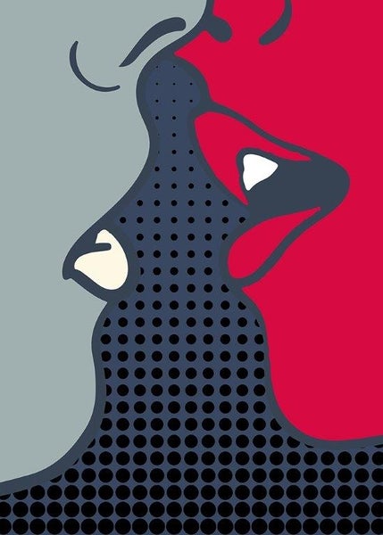 Pop-Art-Wandbild mit abstrakten Gesichtern im Comic-Stil und typischen Rasterpunkten.