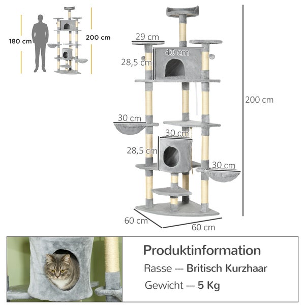PawHut Katzenbaum Ecke Kratzbaum Spielbaum Katzenkratzbaum Katzen Kletterbaum Hellgrau 200 cm