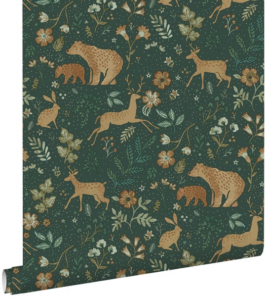 ESTAhome Tapete Wald mit Waldtieren Dunkelgrün und Beige - 53 cm x 10.05 m - 139587