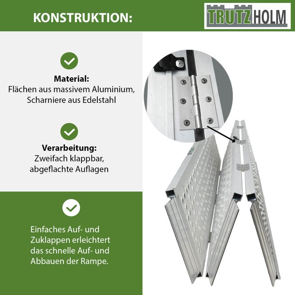 Konstruktionsdetails der Trutzholm Rampe: Aluminiumflächen, Edelstahlscharniere, zweifach klappbar für einfachen Auf- und Abbau.