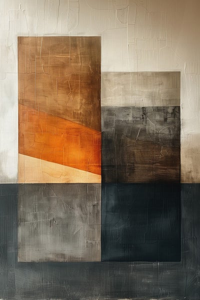 Abstraktes Gemälde mit geometrischen Formen in Braun-, Grau- und Orangetönen