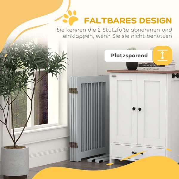 PawHut Absperrgitter Hund 4-teilig, 204 x 75 cm Faltbar Türschutzgitter mit Tür, Freistehend Hundegitter mit 2 Stützfüßen, Treppengitter aus Holz für Flur, Küche, Treppe, Hellgrau