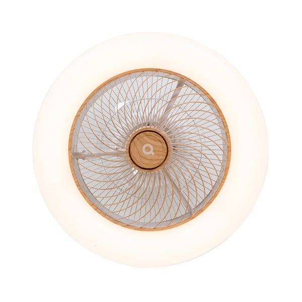 Runder Deckenventilator mit integriertem Lichtring und Schutzgitter in Holzoptik, Ansicht von unten.