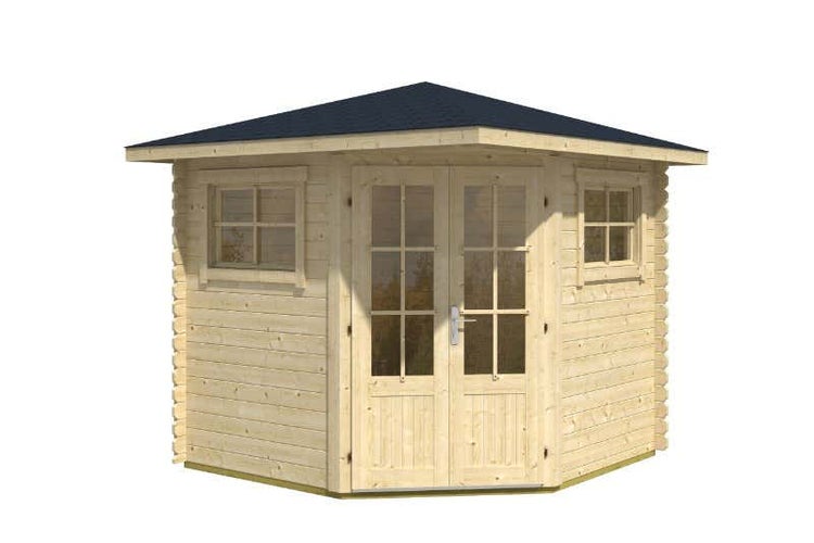 Alpholz 5-Eck Gartenhaus Sunny-B aus Massiv-holz Imprägniert (Pinie), Gerätehaus mit 28 mm Wandstärke, Garten Holzhaus inklusive Montagematerial, Geräteschuppen Größe: 250 x 250 cm, Spitzdach