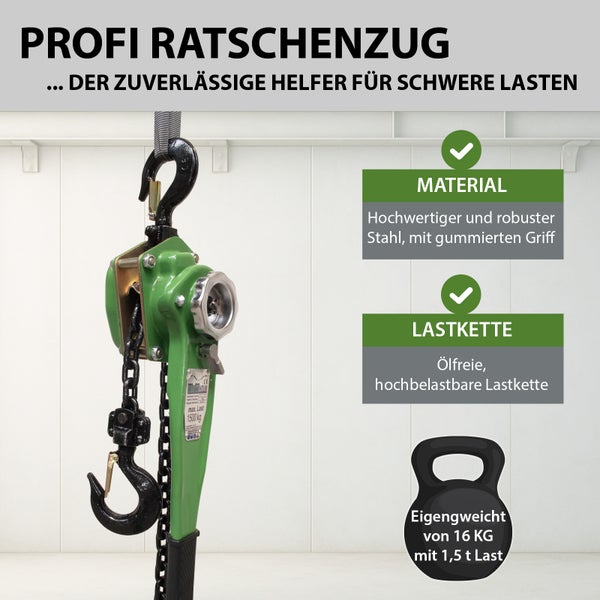 Profi Ratschenzug für schwere Lasten bis 1500 Kilogramm mit robuster Stahlkonstruktion, gummierter Griff und ölfreier hochbelastbarer Lastkette.