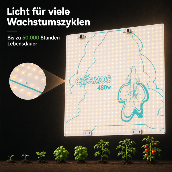 COSMOS Pflanzenlampe 480 Watt mit bis zu 50.000 Stunden Lebensdauer für verschiedene Wachstumszyklen von Pflanzen.