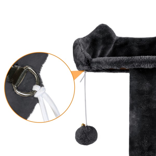 Detailansicht eines Katzenkratzbaums mit Befestigungselementen und Spielzeugball