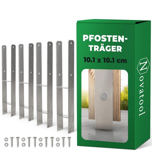Vier H-Pfostenträger aus verzinktem Stahl für Pfosten von 10,1 mal 10,1 Zentimeter inklusive Schrauben, Unterlegscheiben und Novatool Logo.