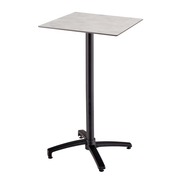 Quadratischer Stehtisch mit grauer Tischplatte in Steinoptik und schwarzem Metallfuß.