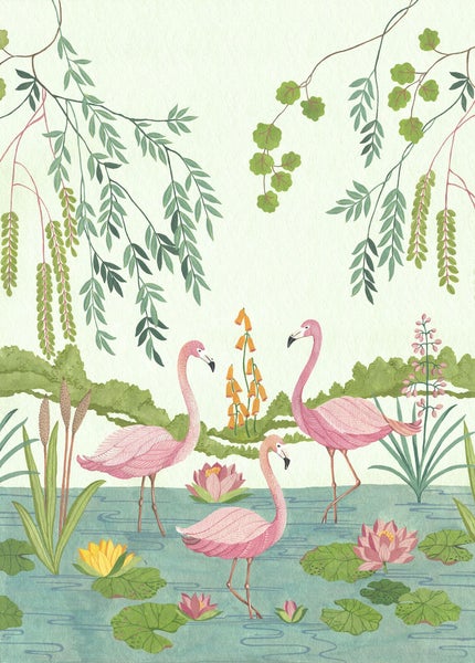 Illustration einer Seelandschaft mit Flamingos, Seerosen und Uferpflanzen