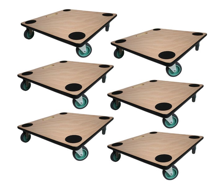 Set mit 6 Transporthilfen aus Holz mit schwarzen Anti-Rutsch-Punkten und vier Lenkrollen mit türkisen Rädern.