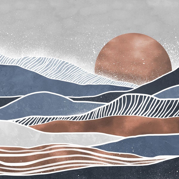 Abstraktes Landschaftsbild mit Sonne, Bergen und dekorativen Linien