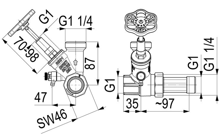 Technische Zeichnung eines Schrägsitzventils mit Maßangaben in Millimetern und Zollgewinde G1 sowie G1 1/4.
