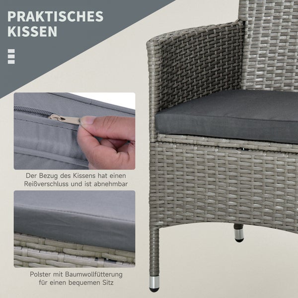 Outsunny 3-tlg. Gartenmöbel-Set, B60 x T58,5 x H89,5 cm, Metall, PE-Rattan, Polyester, Schaumstoff, grau