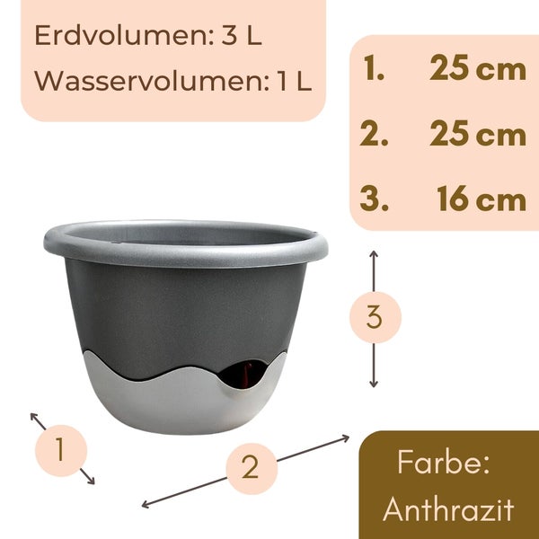 Blumentopf Anthrazit, Erdvolumen 3 Liter, Wasservolumen 1 Liter. Breite 25 Zentimeter, Tiefe 25 Zentimeter, Höhe 16 Zentimeter.