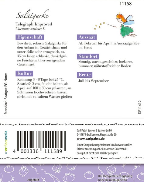 Rückseite der Saatgutpackung für Salatgurke Telegraph Improved mit Anbauhinweisen zu Aussaat, Standort, Kultur und Ernte sowie Herstellerangaben.