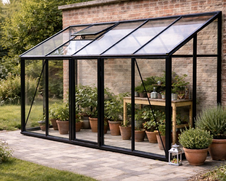 Anlehn-Gewächshaus aus schwarzem Metall und Glas an einer Backsteinmauer. Innen befinden sich Pflanzen in Terrakottatöpfen auf einem Holztisch.