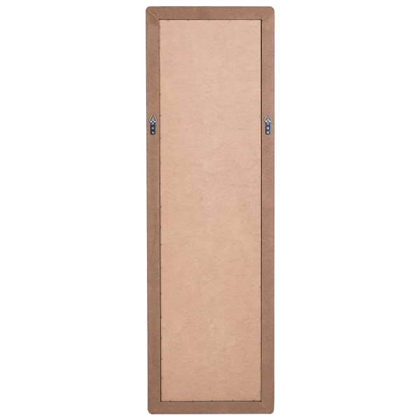 Rückseite eines rechteckigen Wandspiegels mit Holzfaserplatte und zwei Metallaufhängern zur Wandmontage.