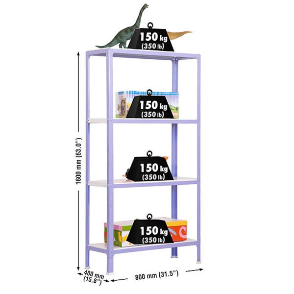 Lila Metallregal mit vier Fachböden, Höhe 1600 Millimeter, Breite 800 Millimeter, Tiefe 400 Millimeter, Tragkraft 150 Kilogramm pro Boden.