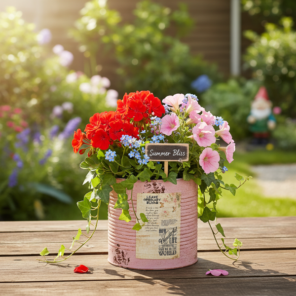 Blumenarrangement in rosa Metalltopf mit Geranien, Petunien und Efeu auf Holztisch im Garten.