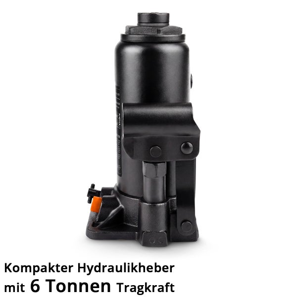 Kompakter schwarzer Hydraulikheber mit 6 Tonnen Tragkraft.