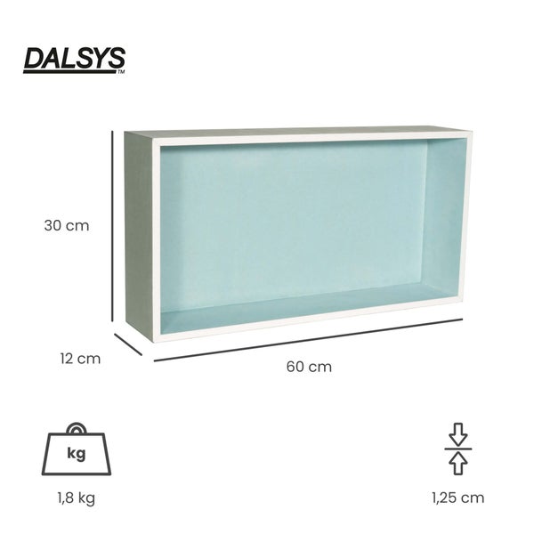 Dalsys Wandnische mit den Maßen 60 mal 30 mal 12 Zentimetern, einer Materialstärke von 1,25 Zentimetern und einem Gewicht von 1,8 Kilogramm.