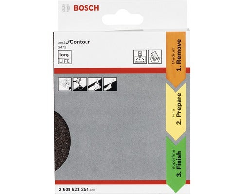 Bosch Logo. Verpackung Schleifblätter S473, Körnung Medium, Fein und Superfein