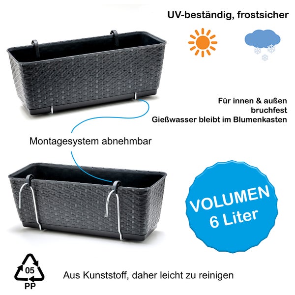 BigDean 6er Set Blumenkästen für Balkon-Geländer - Rattan-Optik - Anthrazit - Balkonkästen mit Metall-Halterung - 39 x 15,5 x 14 cm - inkl. Bewässerungssystem