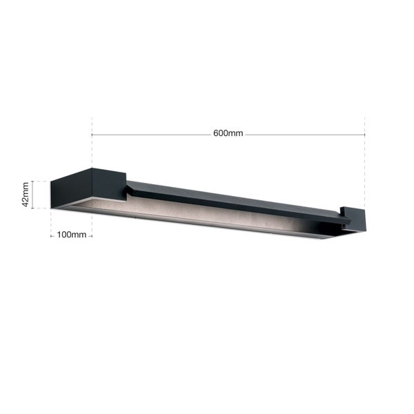 Moderne LED Wandleuchte mit 600 Millimeter Laenge, 100 Millimeter Tiefe und 42 Millimeter Hoehe zur Wandmontage.
