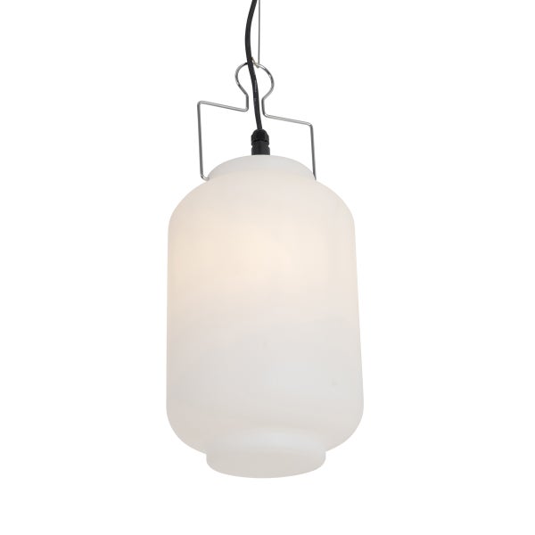 Pendelleuchte in Lampionform mit weißem, zylindrischem Schirm und silberfarbener Metallaufhängung.