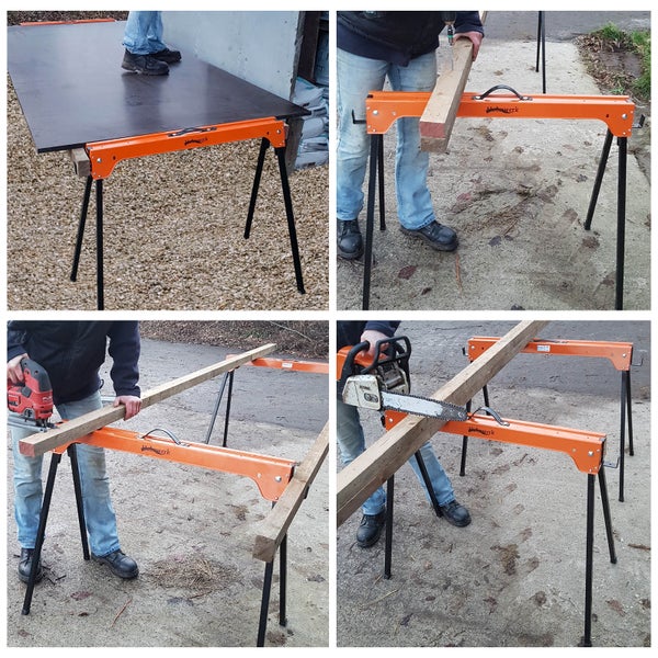 Klappbarer Holmwerk Arbeitsbock in einer Werkstatt beim Sägen eines Balkens. Tragkraft 500 Kilogramm, Eigengewicht circa 3,7 Kilogramm.