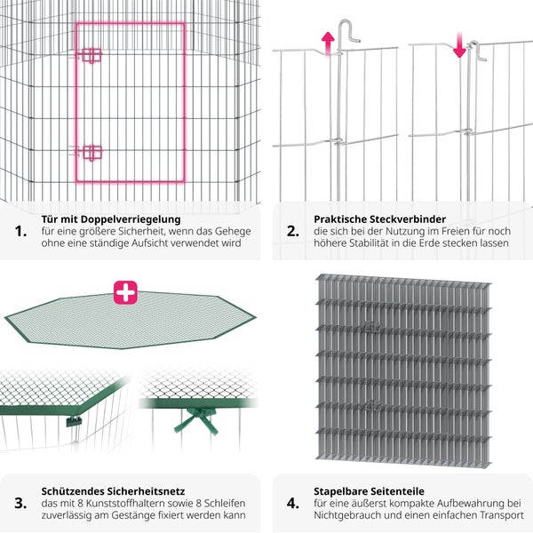 Illustration eines Tiergeheges mit Türverriegelung, Erdspießen, Sicherheitsnetz und stapelbaren Seitenteilen