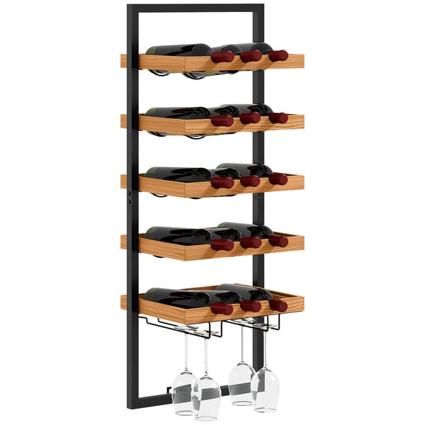 HOMCOM Weinregal Wand Flaschenregal für 15 Flaschen mit 5 Ebenen, Glashaltern Flaschenhalter für Küche, Bar, Esszimmer, Holz Braun