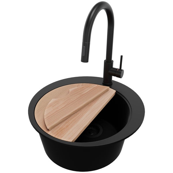 PRIMAGRAN Granitspüle Alles Schwarz 50x50cm, Spülbecken Rund 1 Becken + Küchenarmatur 40x20cm + Ablauf-Set + Schneidebrett, Küchenspüle ab 45er Unterschrank - Pisa