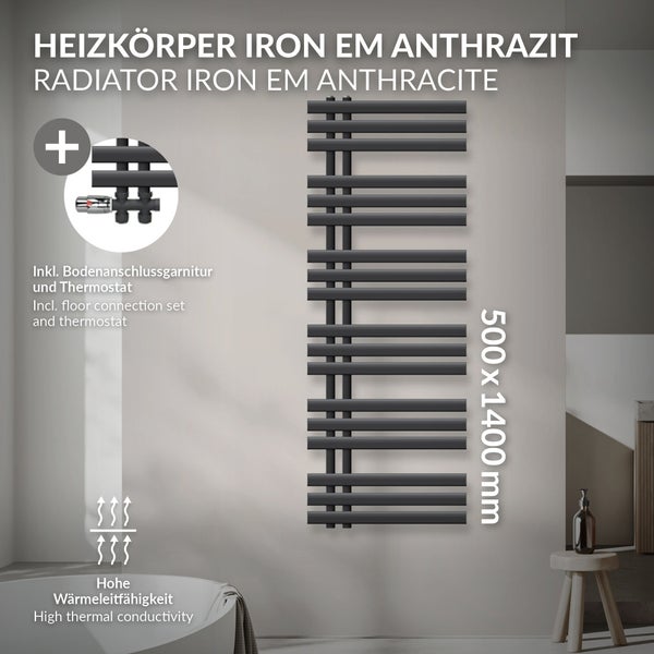 LuxeBath Badheizkörper Iron EM 500x1400 mm Anthrazit Mittelanschluss mit Anschlussgarnitur Thermostat Durchgang Boden, Design Heizkörper Bad Heizung Handtuchwärmer Handtuchtrockner Handtuchheizkörper