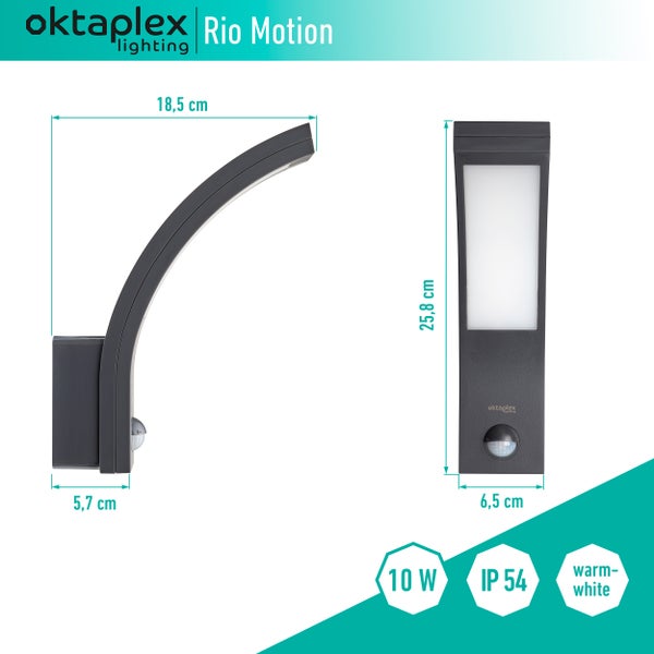 Rio Außenlampe mit Bewegungsmelder IP54 Außenwandleuchte 3000K warmweiß 750lm 10W Wandlampe 230V anthrazit
