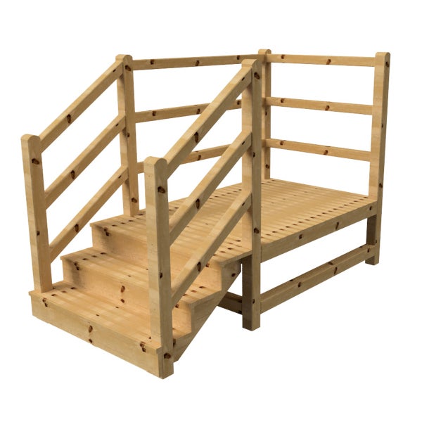 Holztreppe mit Geländer und Plattform