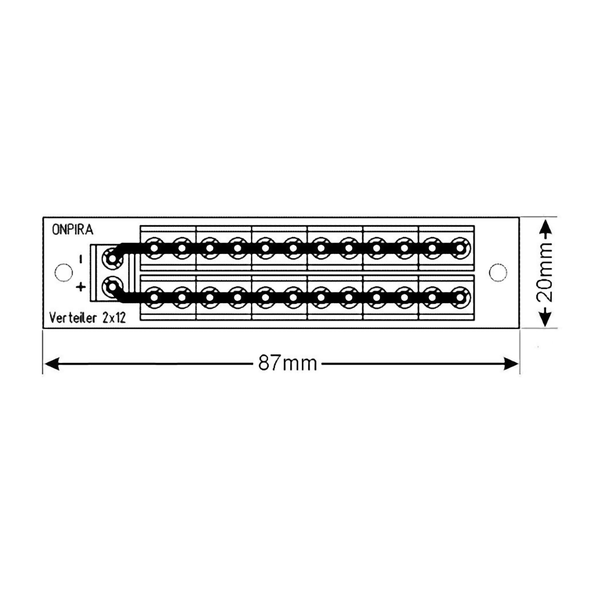 Technische Zeichnung eines ONPIRA Verteilers 2 mal 12 mit den Maßen 87 Millimeter mal 20 Millimeter.