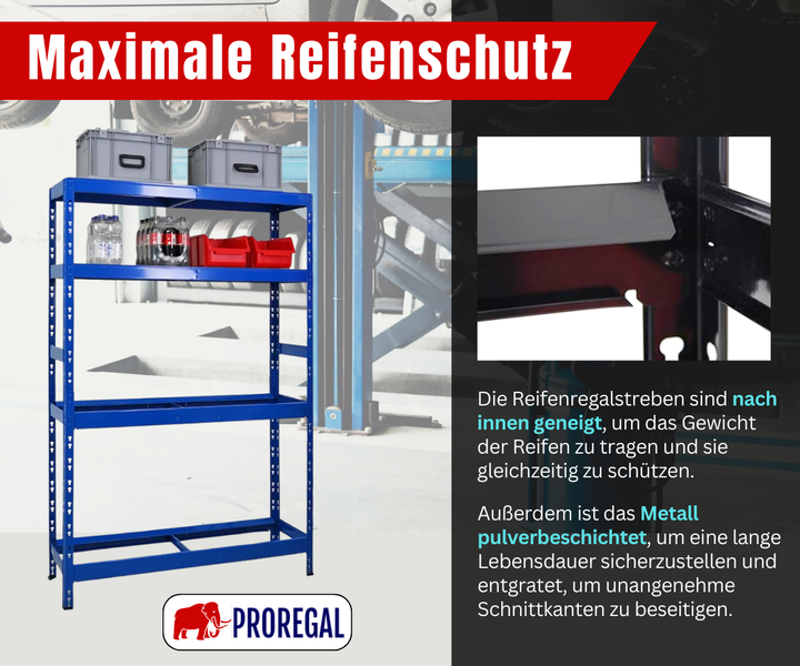 Blaues Reifenregal aus pulverbeschichtetem Metall mit nach innen geneigten Streben für optimalen Schutz der Reifen. Proregal Logo.