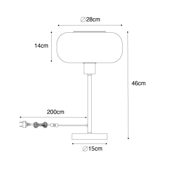 Maße der Tischleuchte: Höhe 46 cm, Lampenschirmdurchmesser 28 cm, Fußdurchmesser 15 cm, Kabellänge 200 cm