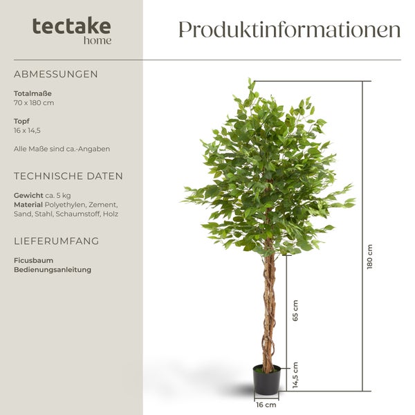 Künstlicher Ficusbaum tectake Fida stabiler Kunststoff-Blumentopf verschiedene Größen grün