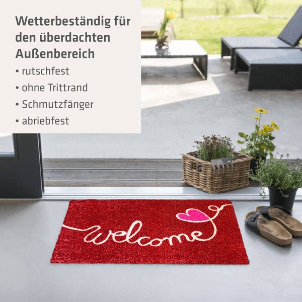 Akzente Listen Lovely Welcome-red 50x70 cm, Rutschfest, PVC-frei, Wetterbeständig, Polyamid-Monofilament, TPE-Rückseite, Wetterschutz, Outdoor-Eignung, Trittschallämmend.