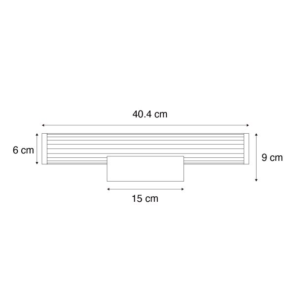 Technische Zeichnung einer Wandleuchte mit Maßangaben: 40,4 cm breit, 9 cm hoch und 6 cm tief.