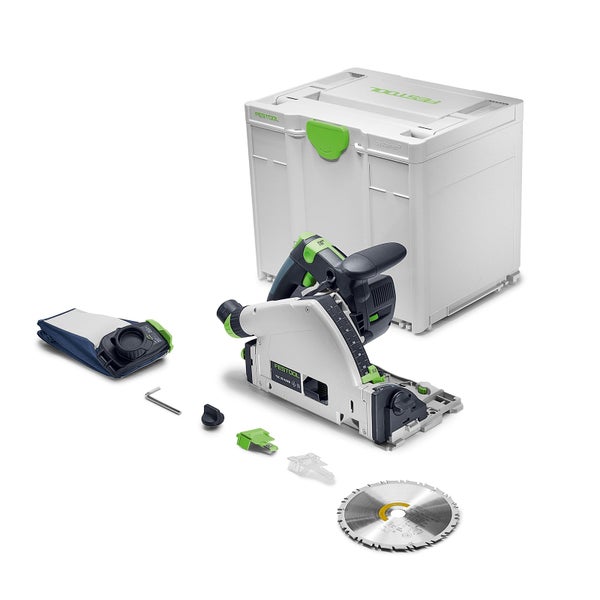 Festool Akku-Tauchsäge TSC 55 KEB-Basic mit Systainer, Sägeblatt, Staubfangbeutel und Zubehör.