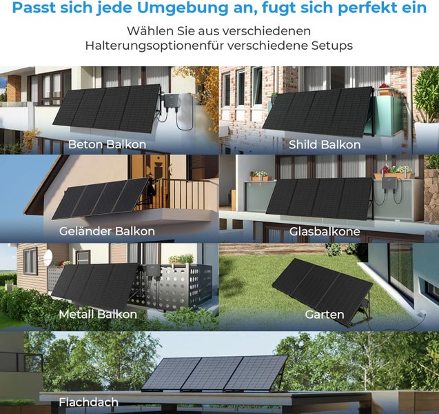 Mehrere Beispiele für die Installation von Solarmodulen auf einem Betonbalkon, einem Schildbalkon, einem Geländerbalkon, einem Glasbalkon, einem Metallbalkon, im Garten und auf einem Flachdach.