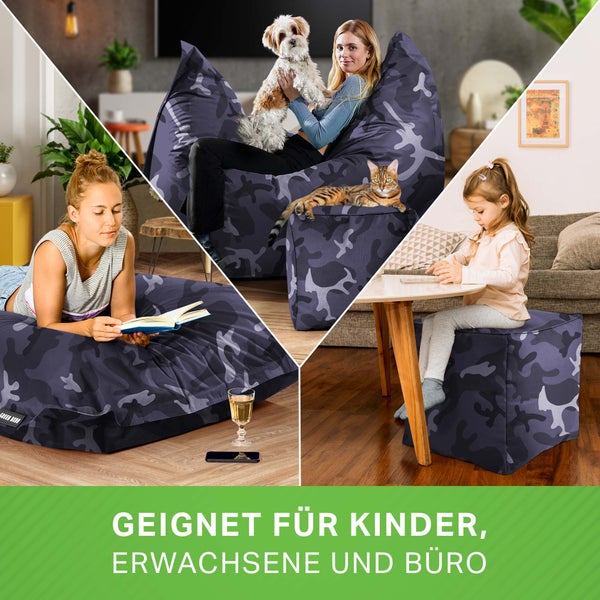 Green Bean 2er Set XXL Sitzsack inkl. Pouf fertig befüllt mit EPS-Perlen - Riesensitzsack 140x180 Lounge Sitz-Kissen Bean-Bag Chair  - Camouflage