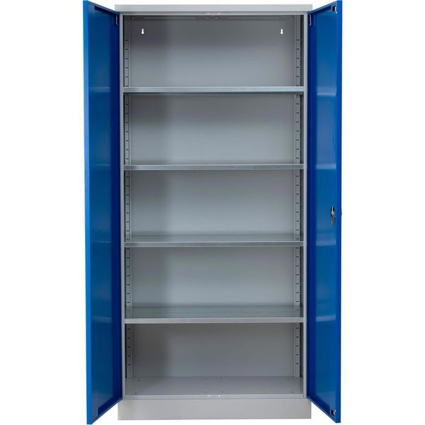 PROREGAL Flügeltürenschrank Ferret 4 Fachböden Verstärkt Eurolock Griff HxBxT 195 x 120 x 50 cm Grau-Enzianblau Verzinkt