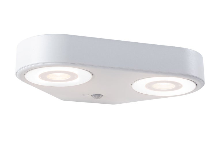Weiße LED-Wand- oder Deckenleuchte mit zwei runden Lichtquellen und integriertem Bewegungsmelder.