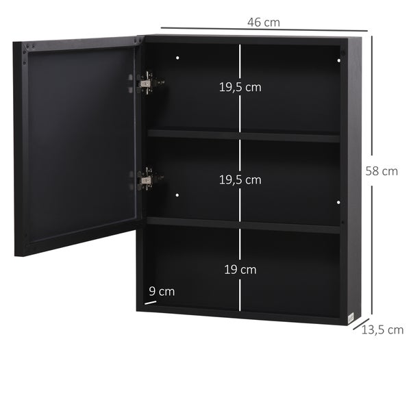 kleankin, Spiegelschrank, Badezimmerschrank, 46L x 13,5B x 58H cm, Edelstahl, Glas, Schwarz