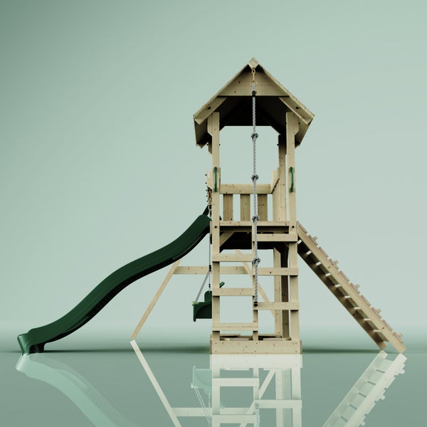 Spielturm aus Holz mit Rutsche, Schaukel und Leiter
